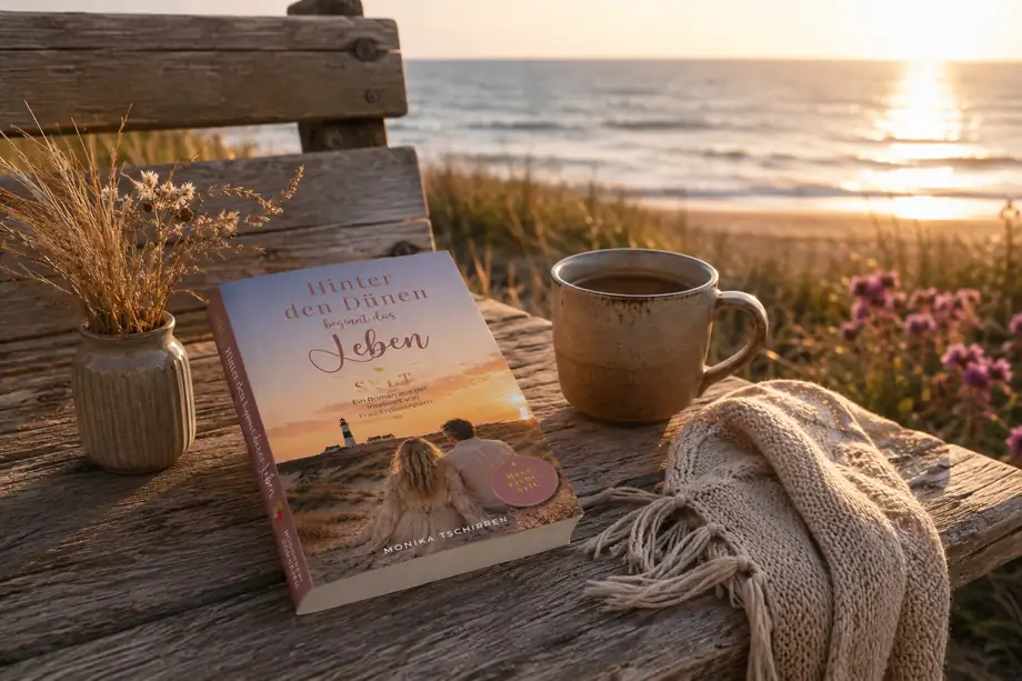 Der Roman auf einer Holzbank am Strand im Abendlicht